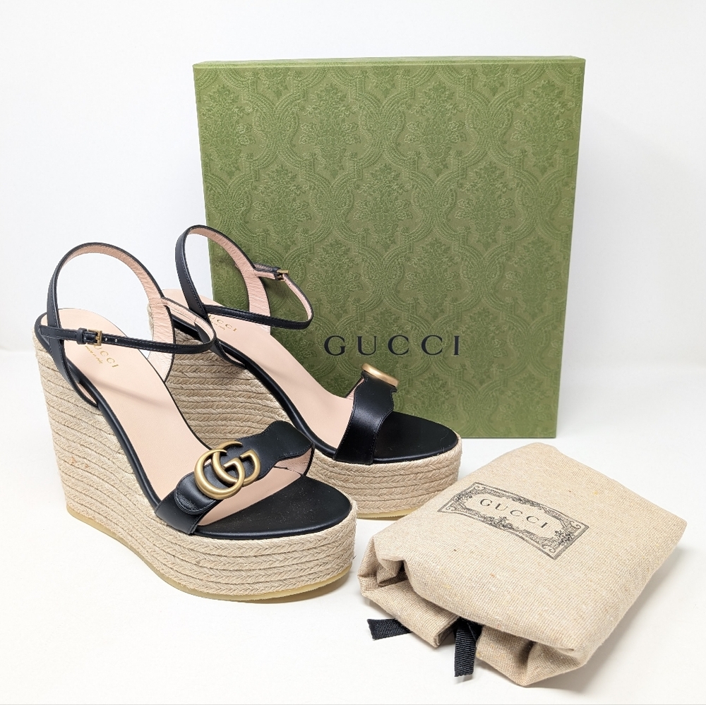 NIB Gucci Aitana GG Marmont Black Wedge Platform Espadrille Sandals Size 42